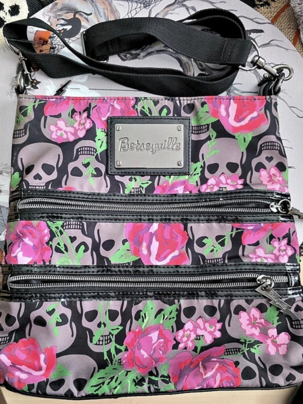 Betsey Johnson Skull & Floral Crossbody Bag Purse Goth Y2K